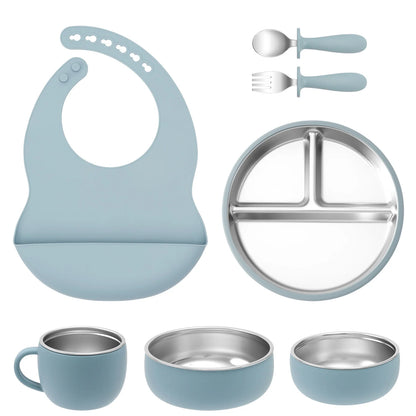 Kids 7PCS Stainless Steel & Silicone Feeding Set Sucker Dishes Plate Bowl BPA Free Toddler Bib Fork Spoon Cup Baby Stuff