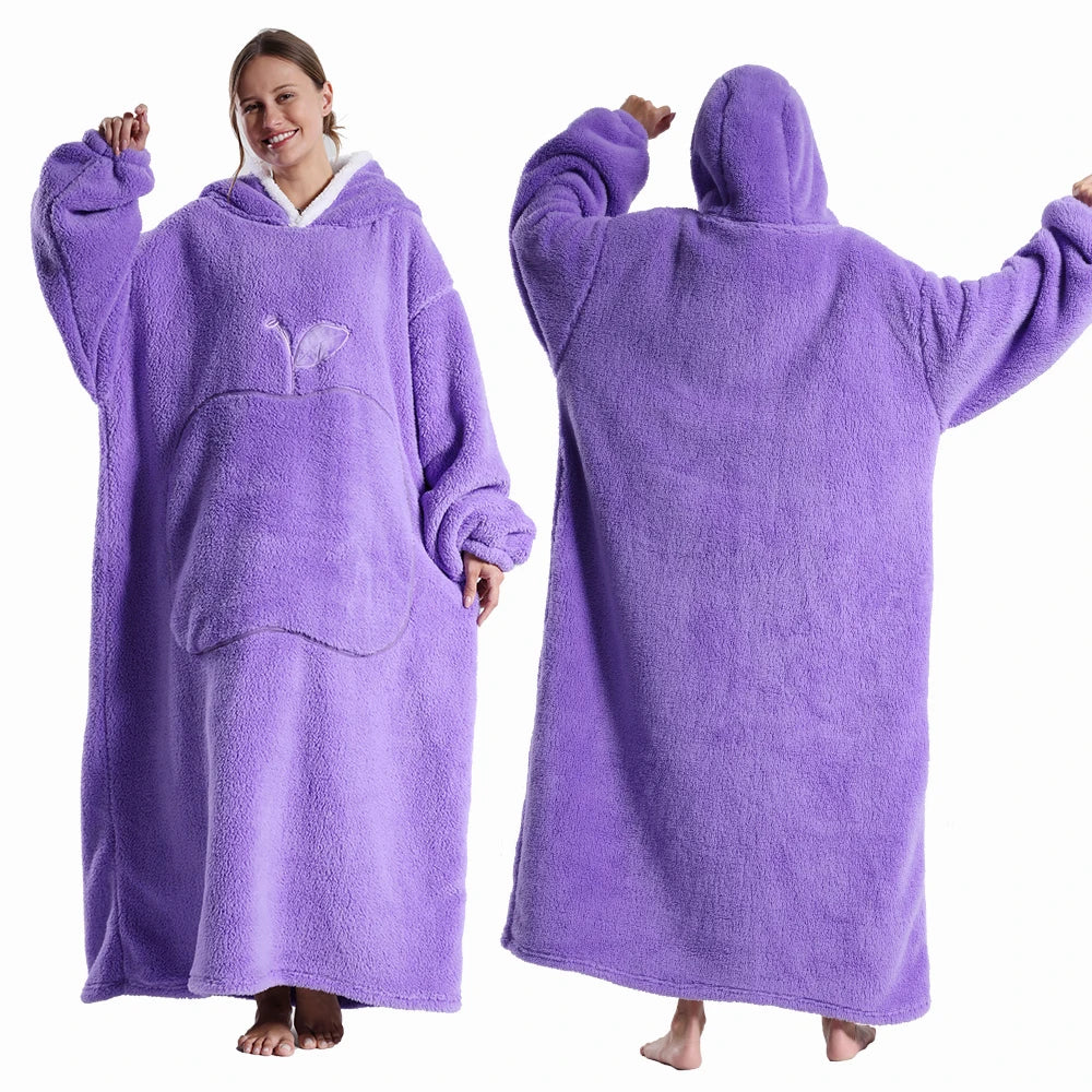 Winter Hooded Sweater Blanket Women Oversized Fleece Blanket With Sleeves Large Pocket Warm Thick Hoodie Robe Couple