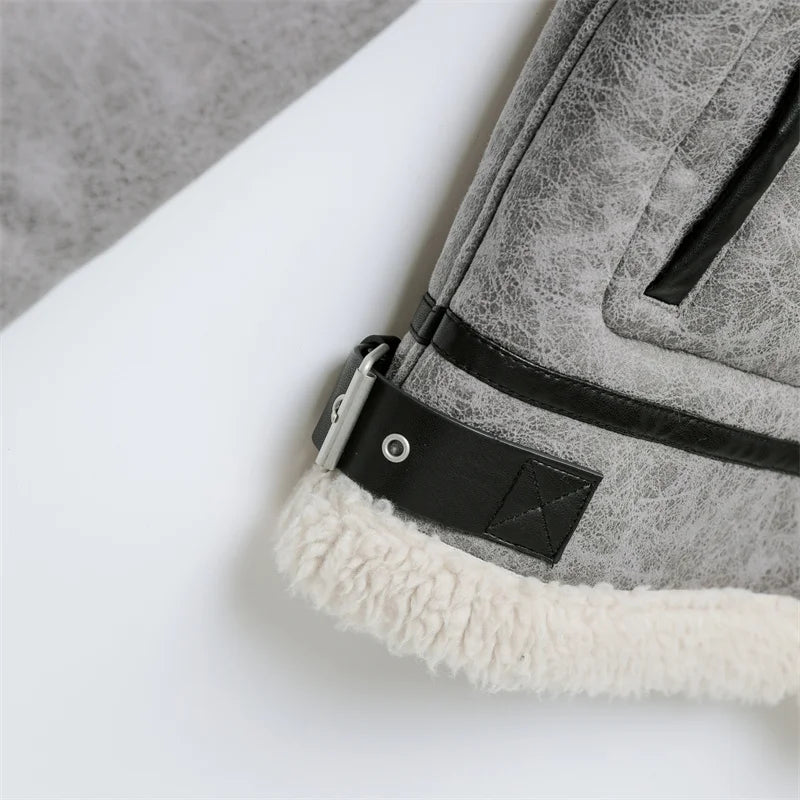RARF 2024 men's new gray thick lapel fur one fleece double-sided jacket Warm men's motorcycle jacket top