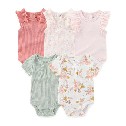 Kiddiezoom 5 Pcs Four Seasons Fashion Cartoon Short Sleeve Baby Boy Girl Bodysuits Soft 100%Cotton Newborn Onesies Clothes