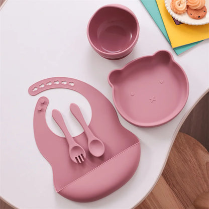 Kids 5PCS Food Grade Silicone Feeding Set Sucker Dishes Plate Self Feeding Bowl BPA Free Toddler Meal Essentials