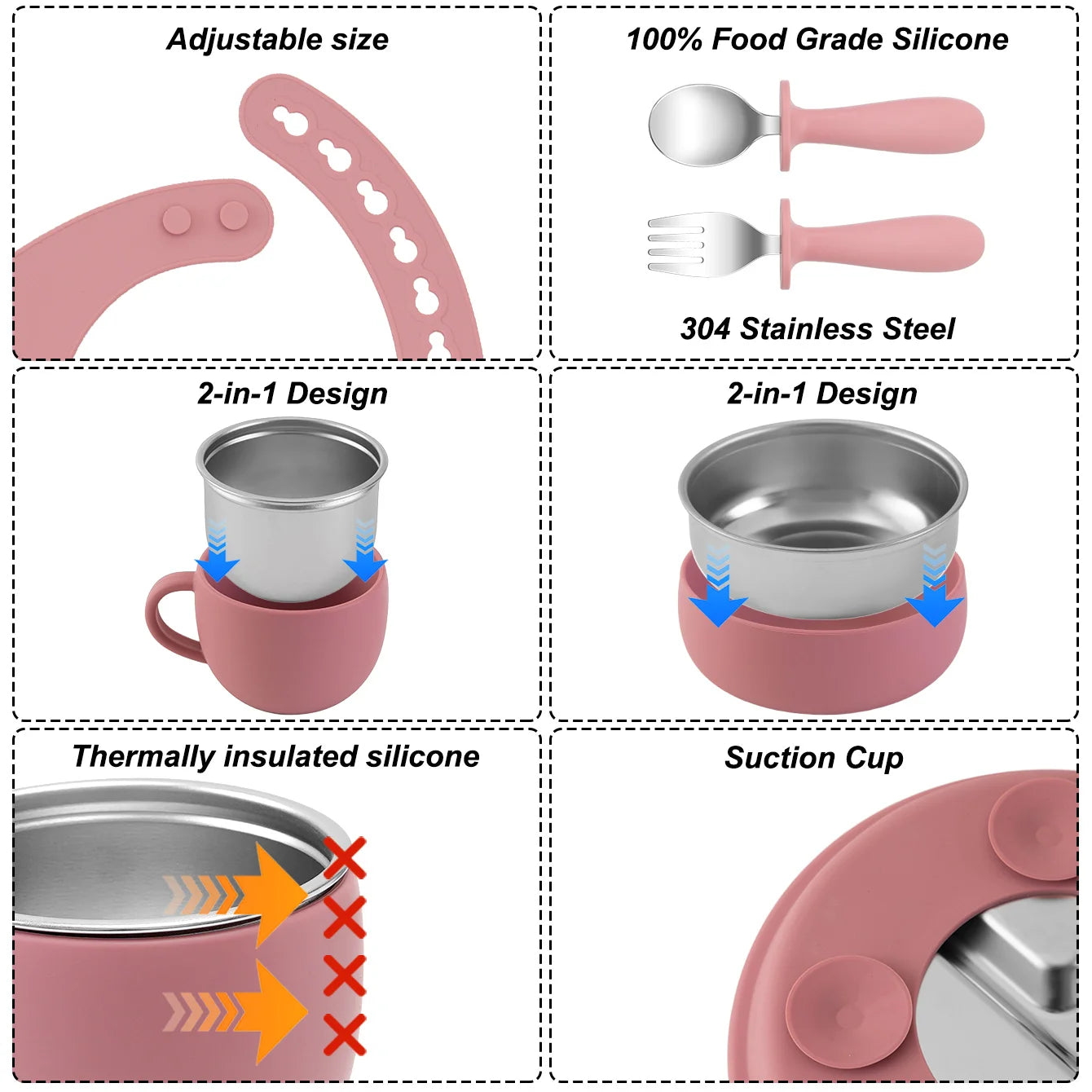 Kids 7PCS Stainless Steel & Silicone Feeding Set Sucker Dishes Plate Bowl BPA Free Toddler Bib Fork Spoon Cup Baby Stuff