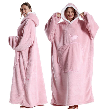 New Warm Wearable Blanket Winter Sweatshirt Oversized Flannel Sherpa Long Hoodie for Adults