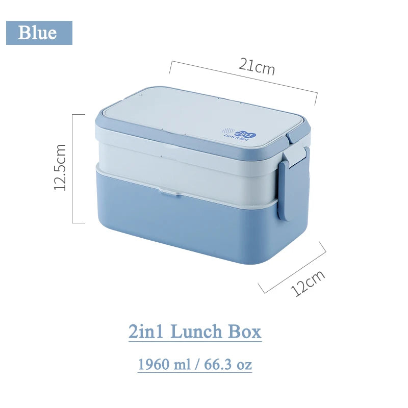 2in1 Bento Box,2 Layer Lunch Box for Adult Kids, 63oz Stackable Lunch Container with Spoons & forks,Leak Proof,Microwave Safe