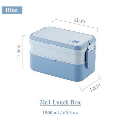 2in1 Bento Box,2 Layer Lunch Box for Adult Kids, 63oz Stackable Lunch Container with Spoons & forks,Leak Proof,Microwave Safe