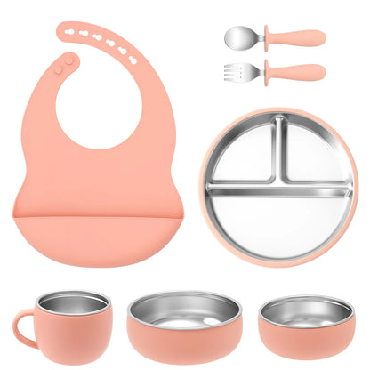 Kids 7PCS Stainless Steel & Silicone Feeding Set Sucker Dishes Plate Bowl BPA Free Toddler Bib Fork Spoon Cup Baby Stuff