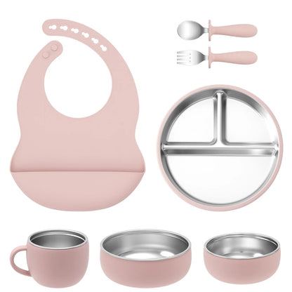 Kids 7PCS Stainless Steel & Silicone Feeding Set Sucker Dishes Plate Bowl BPA Free Toddler Bib Fork Spoon Cup Baby Stuff