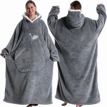 Winter Hooded Sweater Blanket Women Oversized Fleece Blanket With Sleeves Large Pocket Warm Thick Hoodie Robe Couple