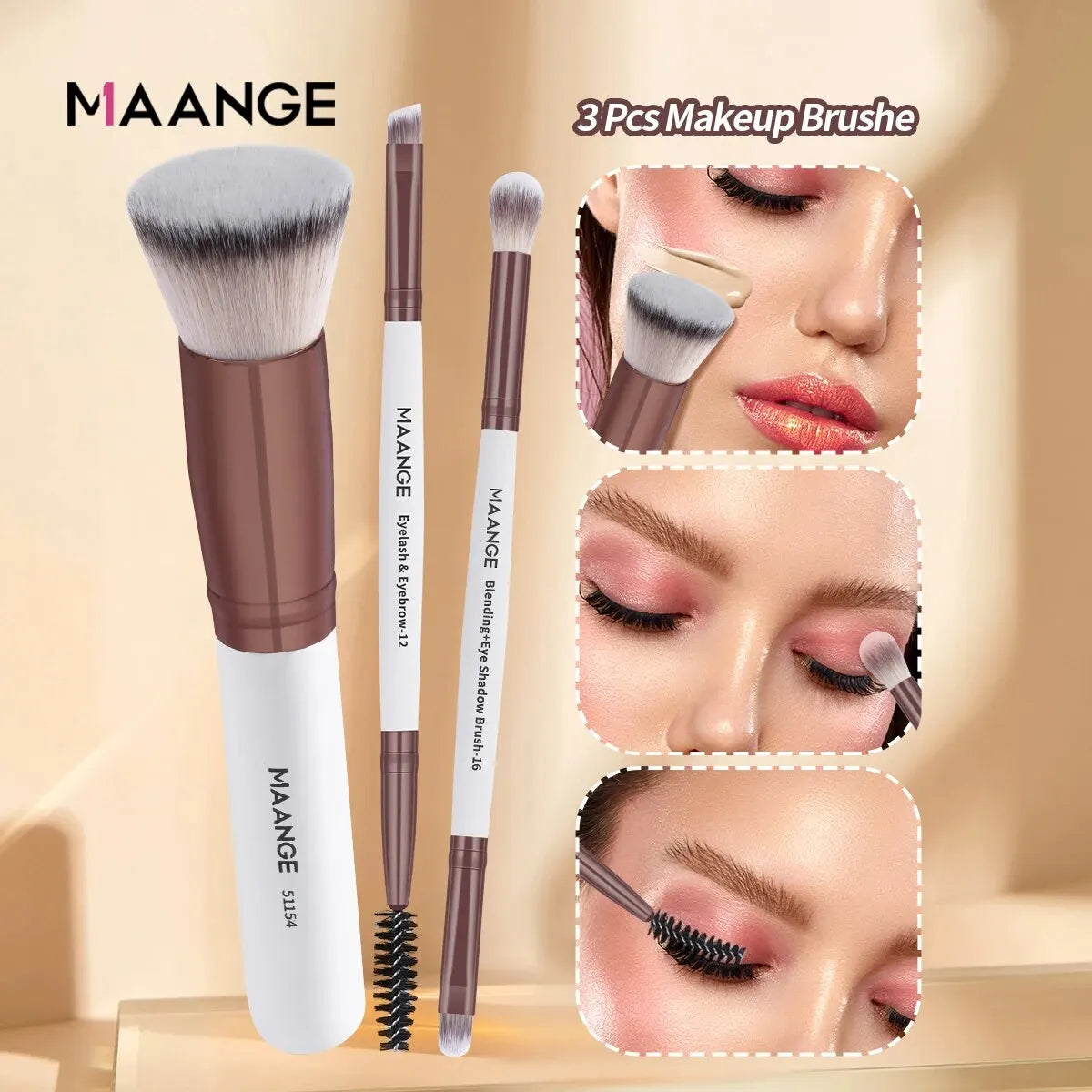 MAANGE 3PCS Makeup Brushes Set Foundation Concealer Brush Eyelashes Brush Eyeshadow Brush Blending Soft Bristles Makeup Tools