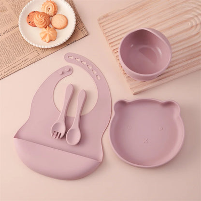 Kids 5PCS Food Grade Silicone Feeding Set Sucker Dishes Plate Self Feeding Bowl BPA Free Toddler Meal Essentials