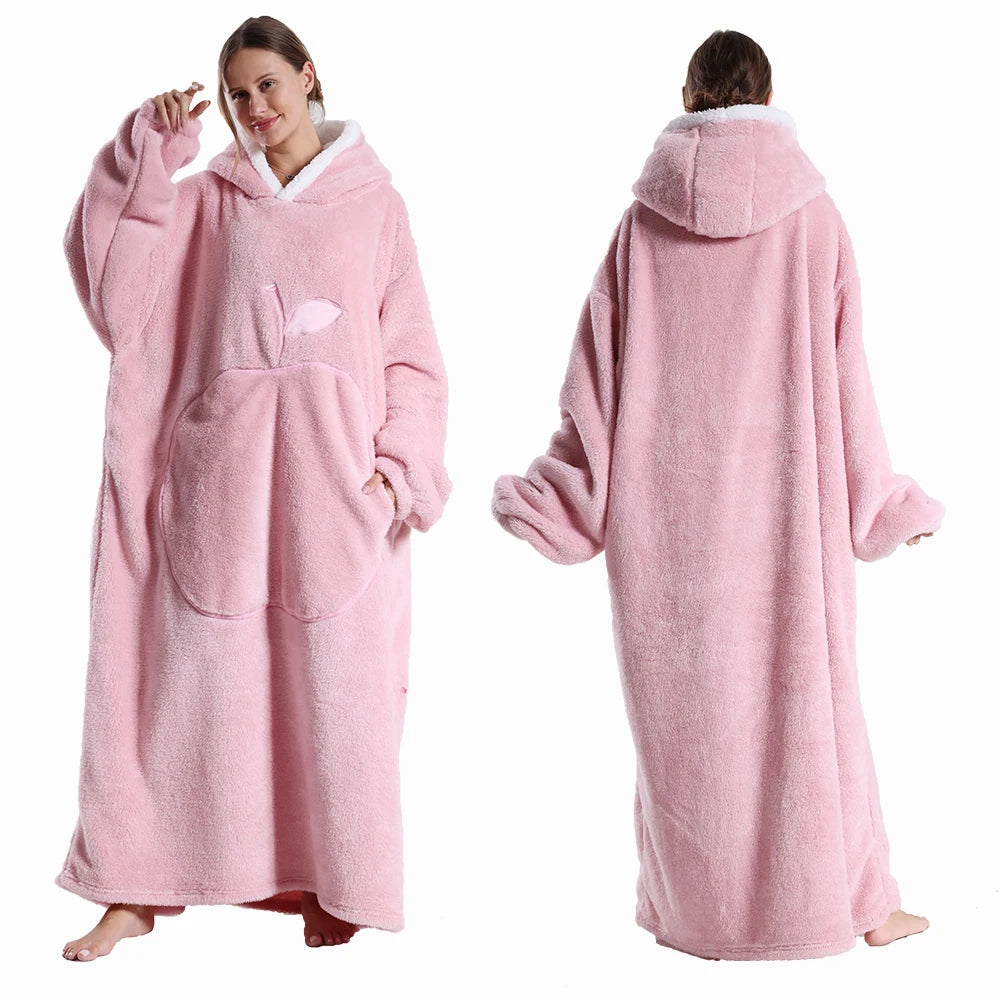 Winter Hooded Sweater Blanket Women Oversized Fleece Blanket With Sleeves Large Pocket Warm Thick Hoodie Robe Couple