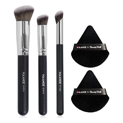 Maange 3Pcs Makeup Brushes + 2Pcs Triangle Powder Puff Set Concealer Eye Shadow Makeup Brush Blending Cosmetic Beauty Tools