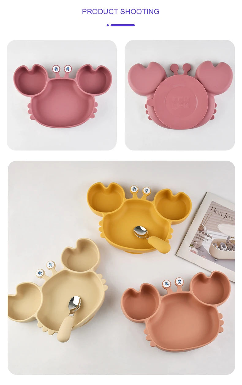 3Pcs/Set Baby Safe Silicone Dining Plate Food Feeding With Spoon Fork Cartoon Children Dishes Prevent Tipping Over And BPA Free