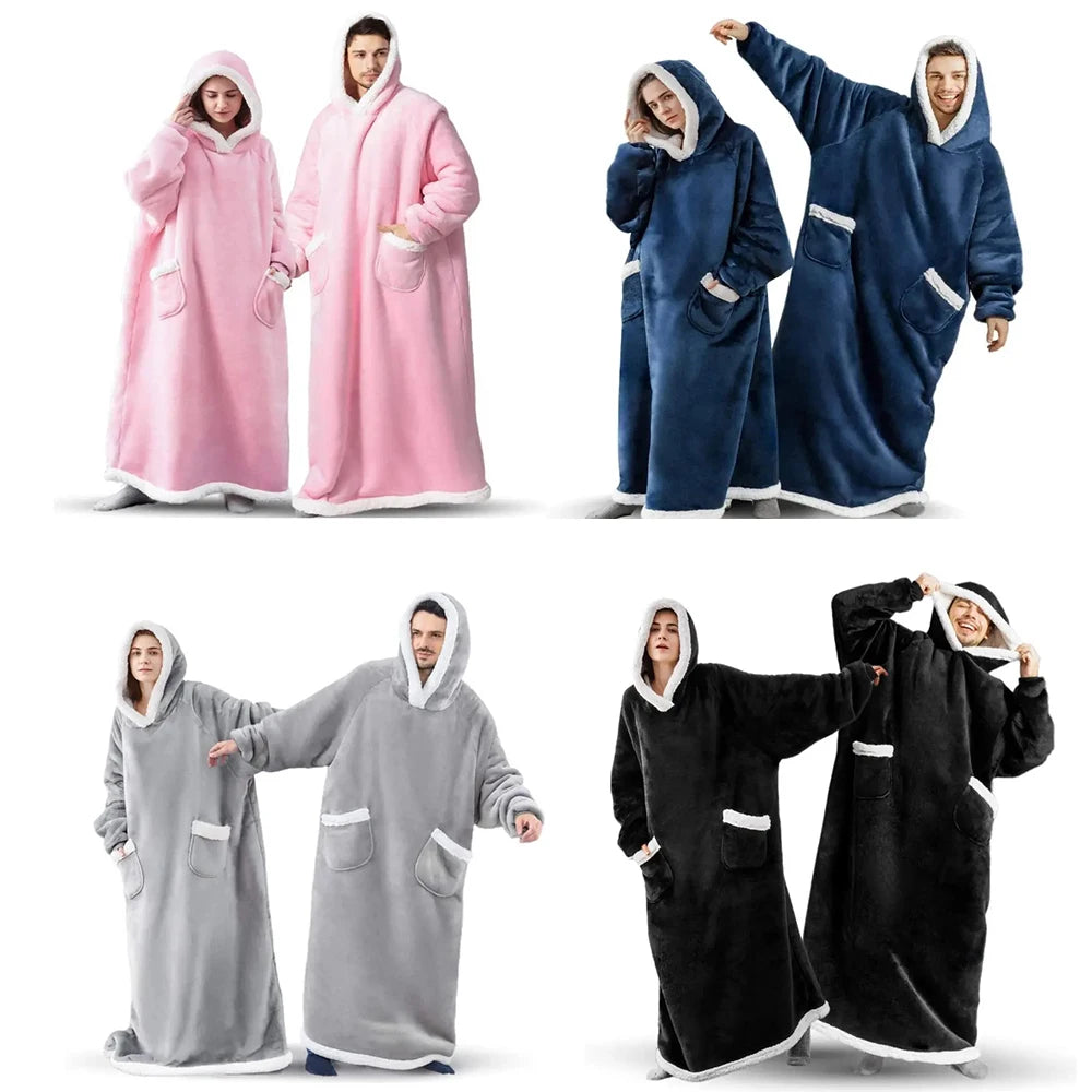 180cm Super Long Flannel Blanket Pyjamas with Sleeves Winter Hoodies Sweatshirt Women Men Pullover Fleece Giant Oversized Outdoor