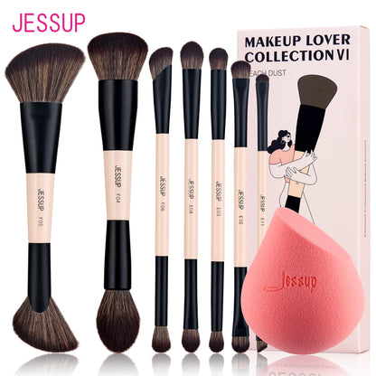 Jessup Double Sided Makeup Brush with Sponge , 3/5/7PCS Eyeshadow Makeup Brushes Set Vegan Hair Powder Contour Highlighter