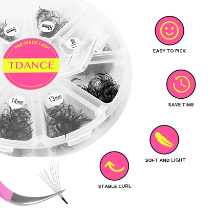 TDANCE 1000 Fans Loose Fan Mixed Length Pointy Base Premade Fans Sharp Thin Slim Medium Stem Volume Russian Eyelashes Extensions