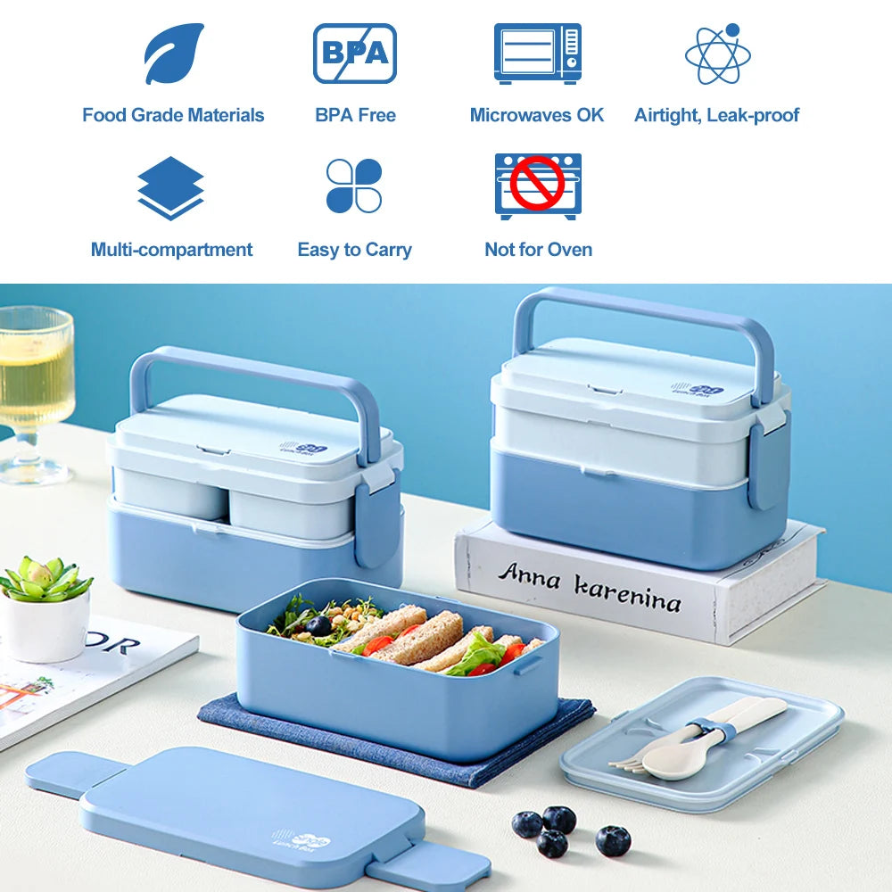 2in1 Bento Box,2 Layer Lunch Box for Adult Kids, 63oz Stackable Lunch Container with Spoons & forks,Leak Proof,Microwave Safe