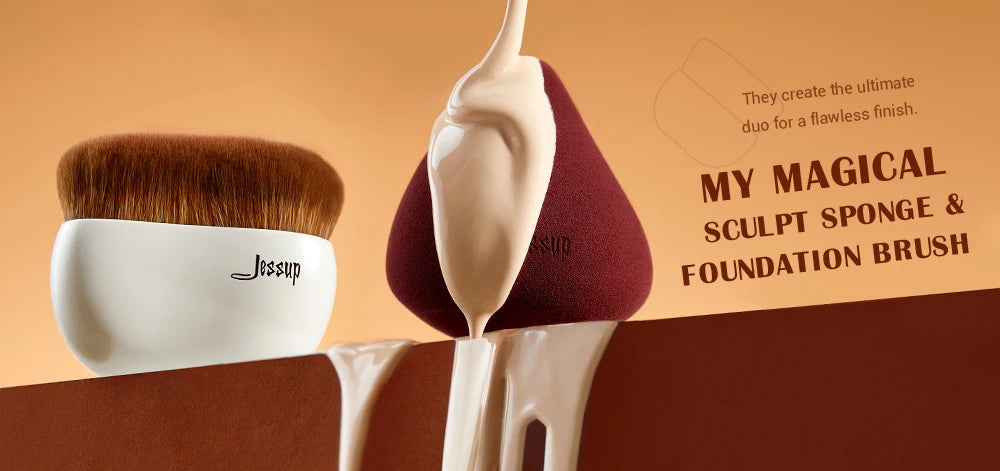 Jessup Makeup Brush Foundation Brush with Makeup Sponge,Contour Blush Concealer Highlight, T882