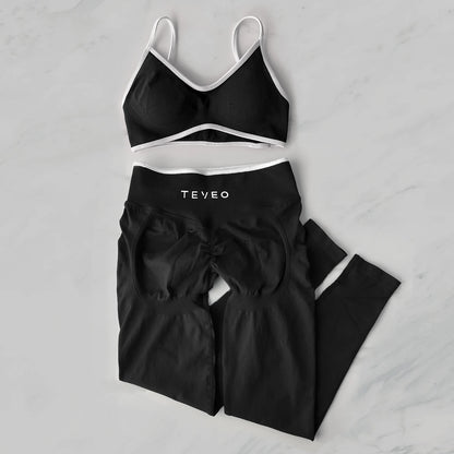 TEVEO 2 Pieces Gym Set Woman leggings  Workout Clothes Bra set Seamless Scrunch legging Yoga Set