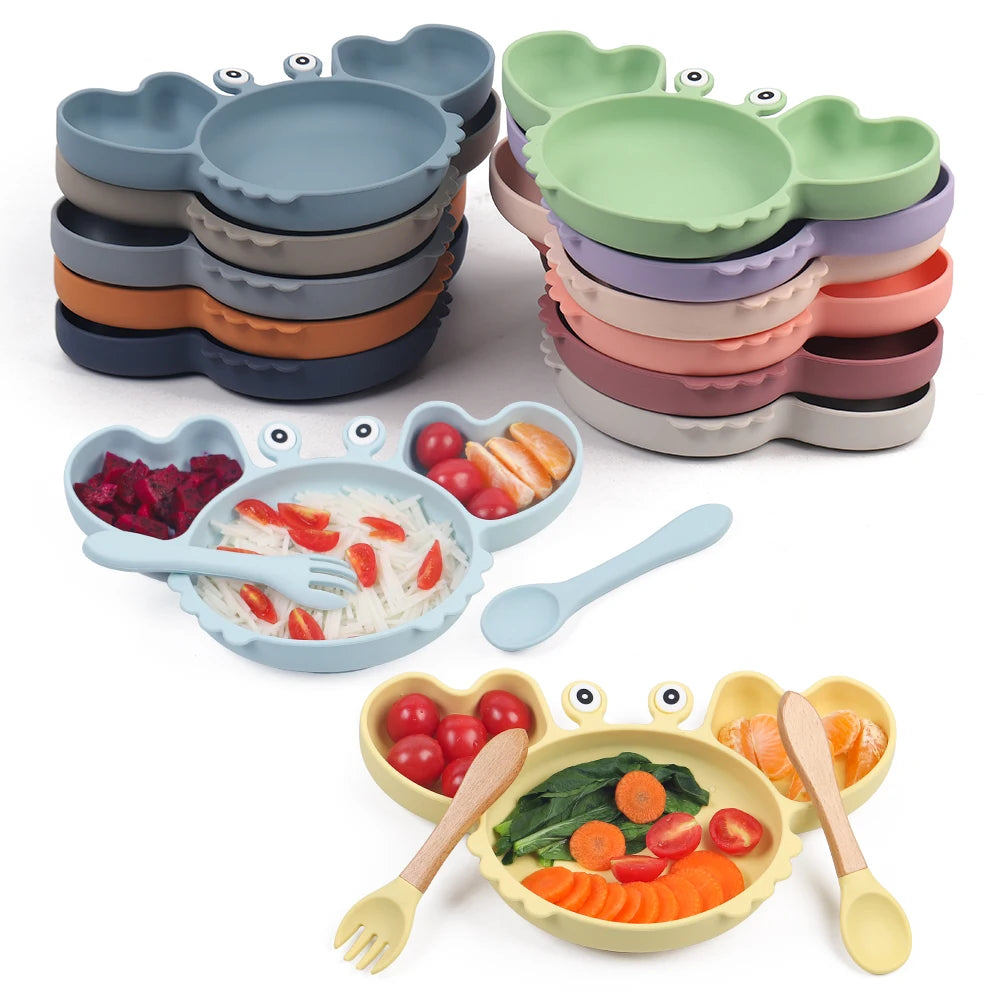 9Pcs Baby Silicone non-Slip Suction Bowl Plate Spoon Waterproof Bib Cup Set Baby Crab Dishes Food Feeding Bowl for Kids BPA Free