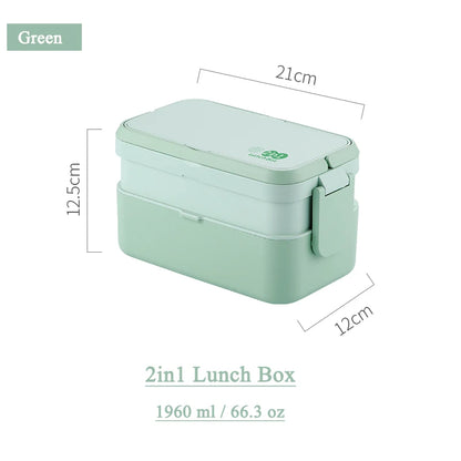 2in1 Bento Box,2 Layer Lunch Box for Adult Kids, 63oz Stackable Lunch Container with Spoons & forks,Leak Proof,Microwave Safe