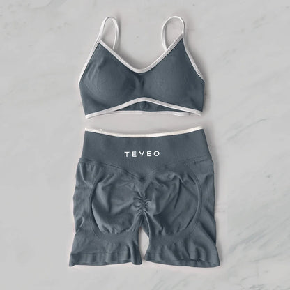 TEVEO  Yoga Women's High-Waist Tummy Control Fitness Leggings Sportswear Gym Workout Running Pants 2 Pieces Gym Set