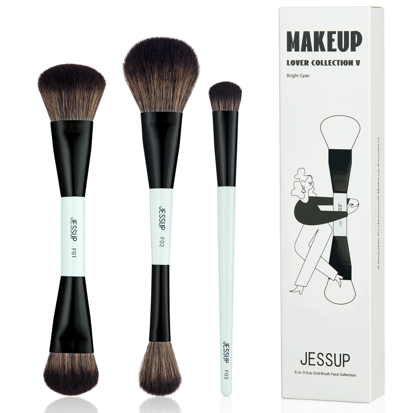 Jessup Face Makeup Brushes Set 2/3/5pcs,Double Ended Makeup Brush Foundation Contour Concealer, Cruelty -free, Bright Cyan T503