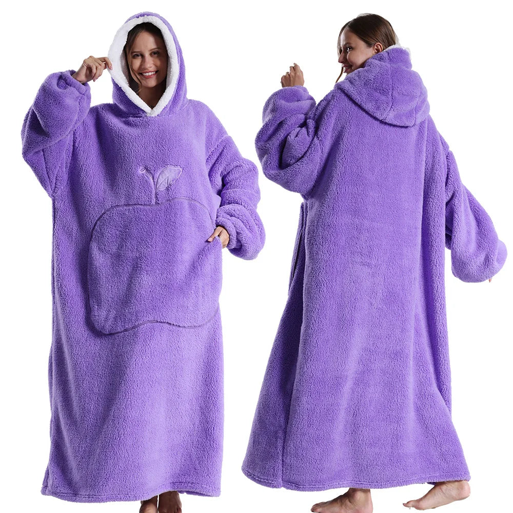 New Warm Wearable Blanket Winter Sweatshirt Oversized Flannel Sherpa Long Hoodie for Adults