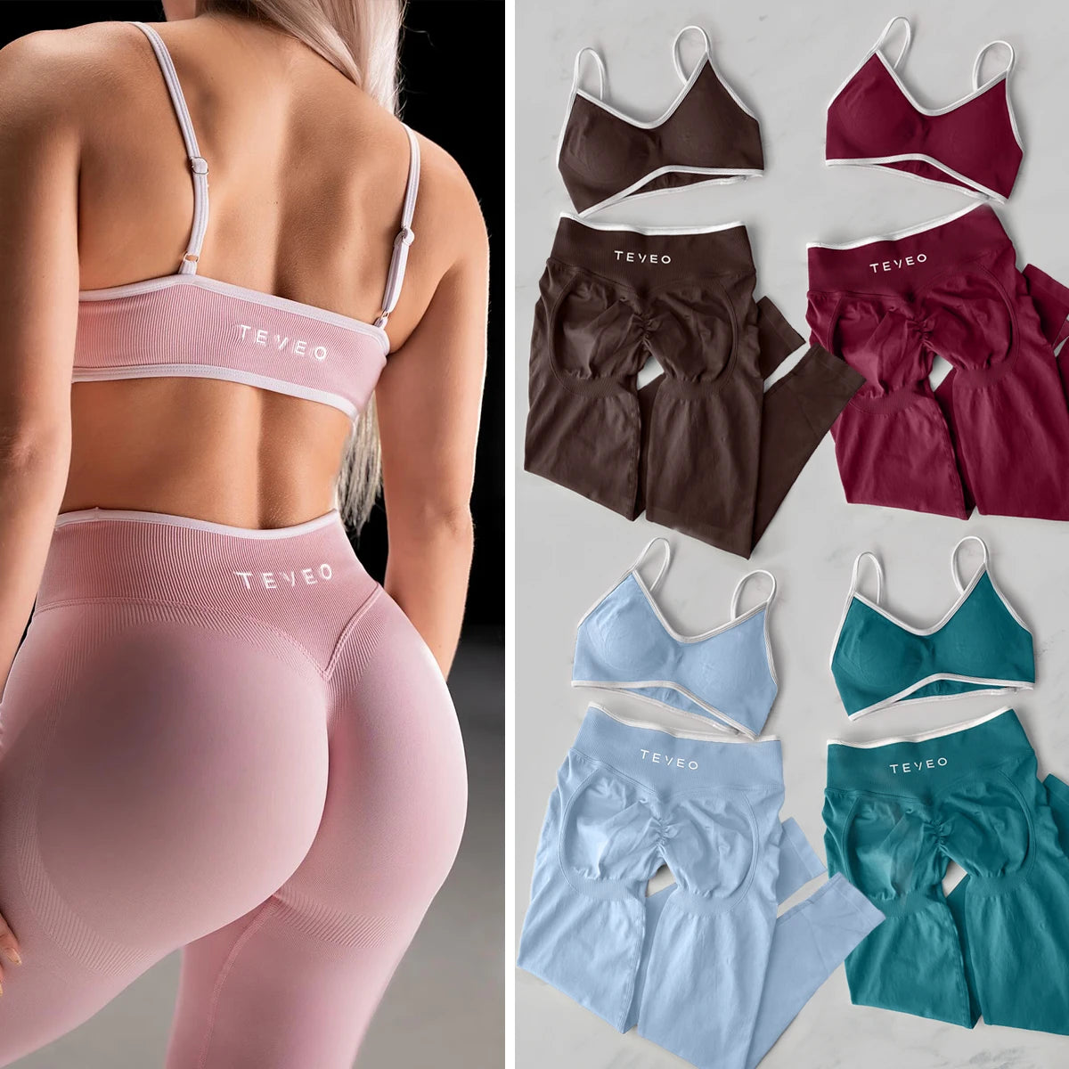 TEVEO 2 Pieces Gym Set Woman leggings  Workout Clothes Bra set Seamless Scrunch legging Yoga Set