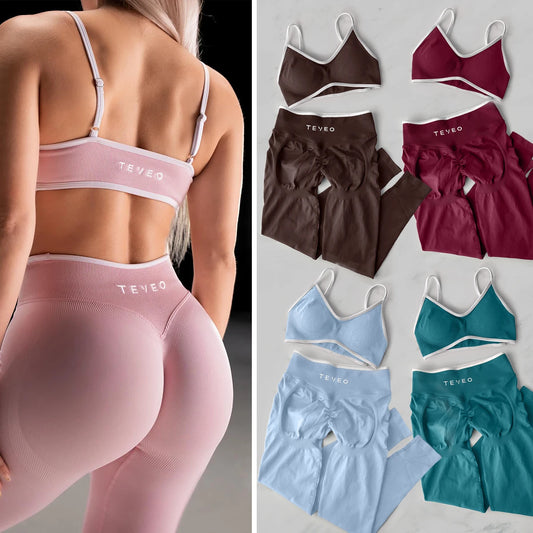 TEVEO 2 Pieces Gym Set Woman leggings  Workout Clothes Bra set Seamless Scrunch legging Yoga Set