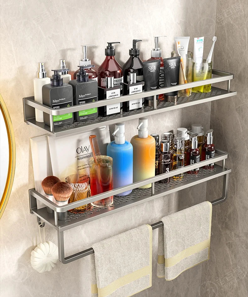 Wall Mounted Bathroom Shelf Punch-free Shampoo Storage Rack For Kitchen Holder Square Aluminum Bath Rack Organizer Accessories