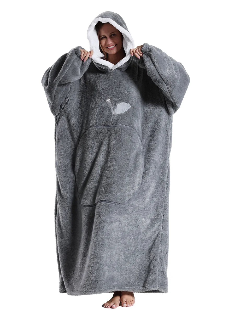 New Warm Wearable Blanket Winter Sweatshirt Oversized Flannel Sherpa Long Hoodie for Adults