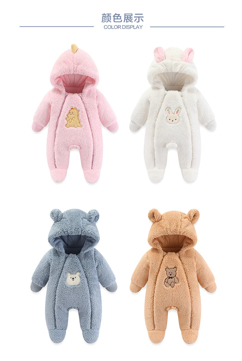 Newborn Baby Winter Jacket Warm Hooded Infant Romper Thicken Soft Cotton Boys Jumpsuit Cartoon Baby Girl Clothes 0 to 12 Months
