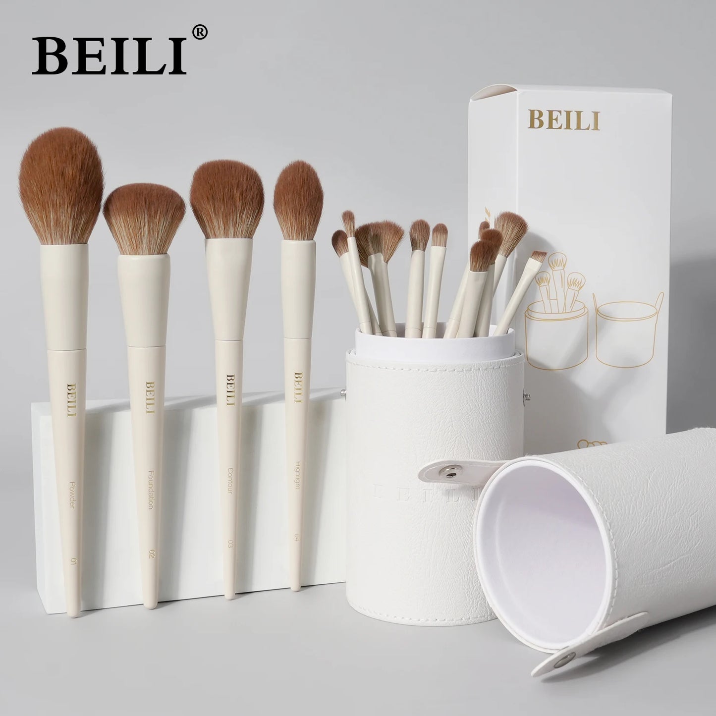 BEILI Professional Makeup Brush Set 15Pcs Beige Soft Hair Foundation Powder Blush Eyeshadow Contour Eyeliner Blush Cosmetics Kit