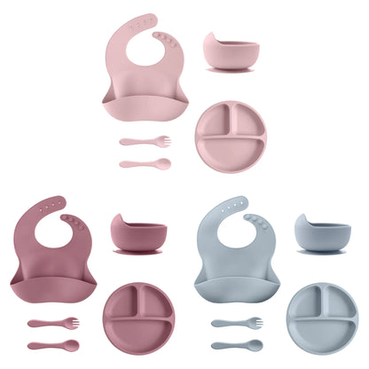 5Pcs Baby Silicone Feeding Set Round Dining Plate Sucker Bowl Dishes For Kids Baby Waterproof Bib Spoon Children's Tableware
