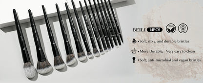 BEILI Black Makeup Brush Set 14 Pcs Vegan Pro Powder Foundation Eyeshadow Highlighter Concealer Blush Eyebrow Brushes Beauty Kit