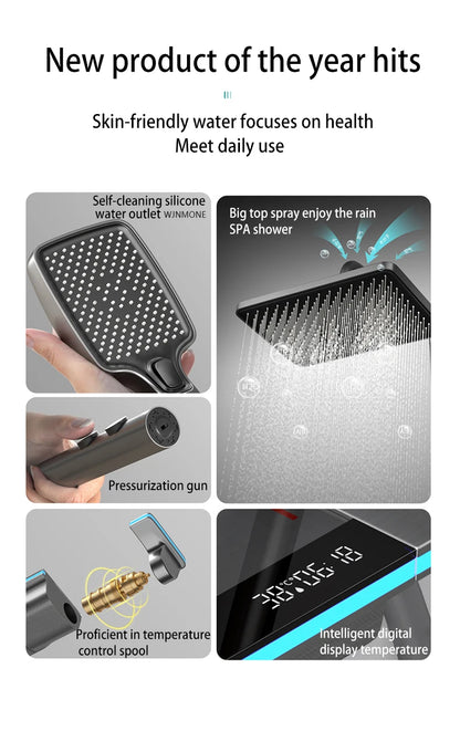 Bathroom Luxury Shower System with Lights Tempered Glass Piano Key Smart Digital Display Thermostat Mixer Shower Faucet Full Set
