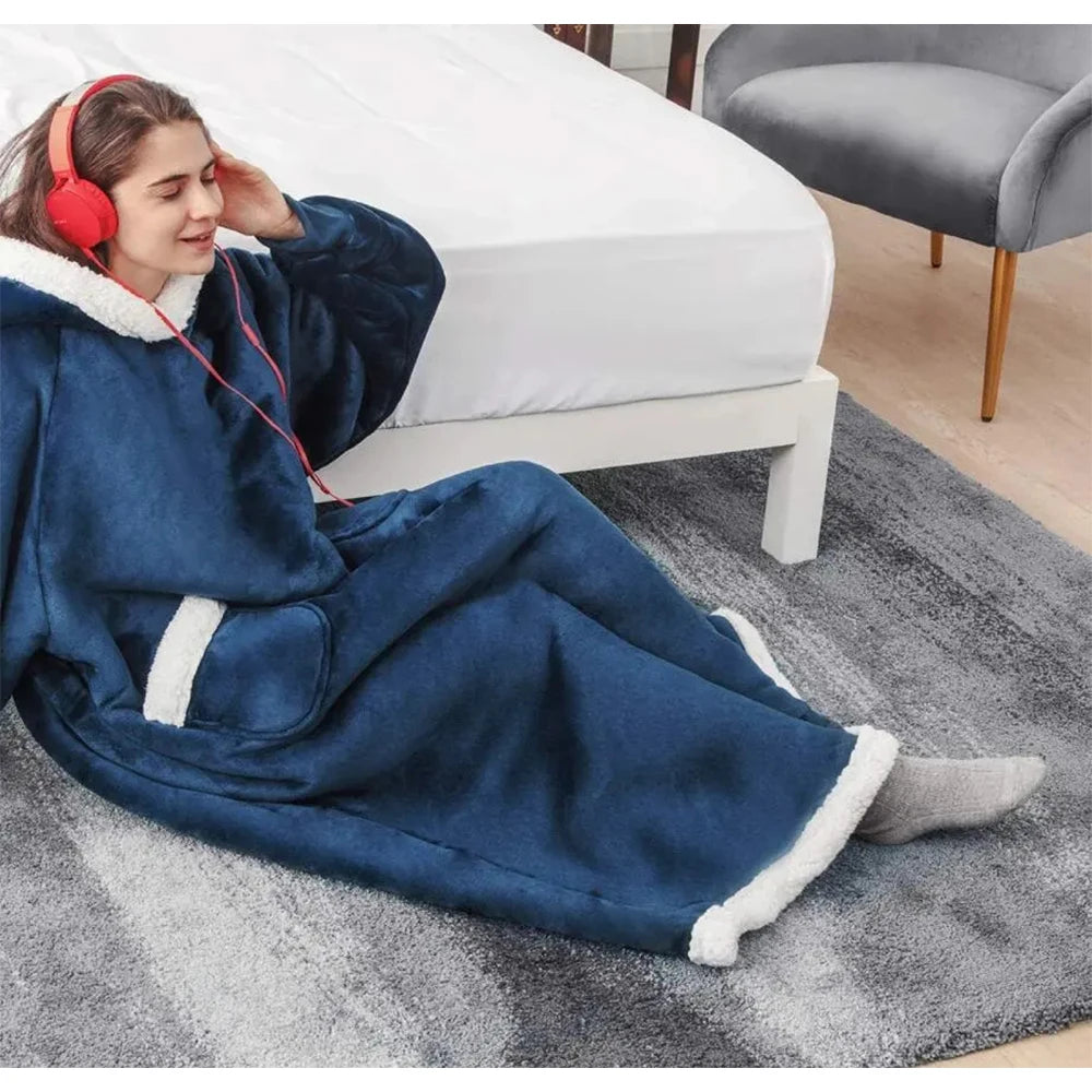 180cm Super Long Flannel Blanket Pyjamas with Sleeves Winter Hoodies Sweatshirt Women Men Pullover Fleece Giant Oversized Outdoor
