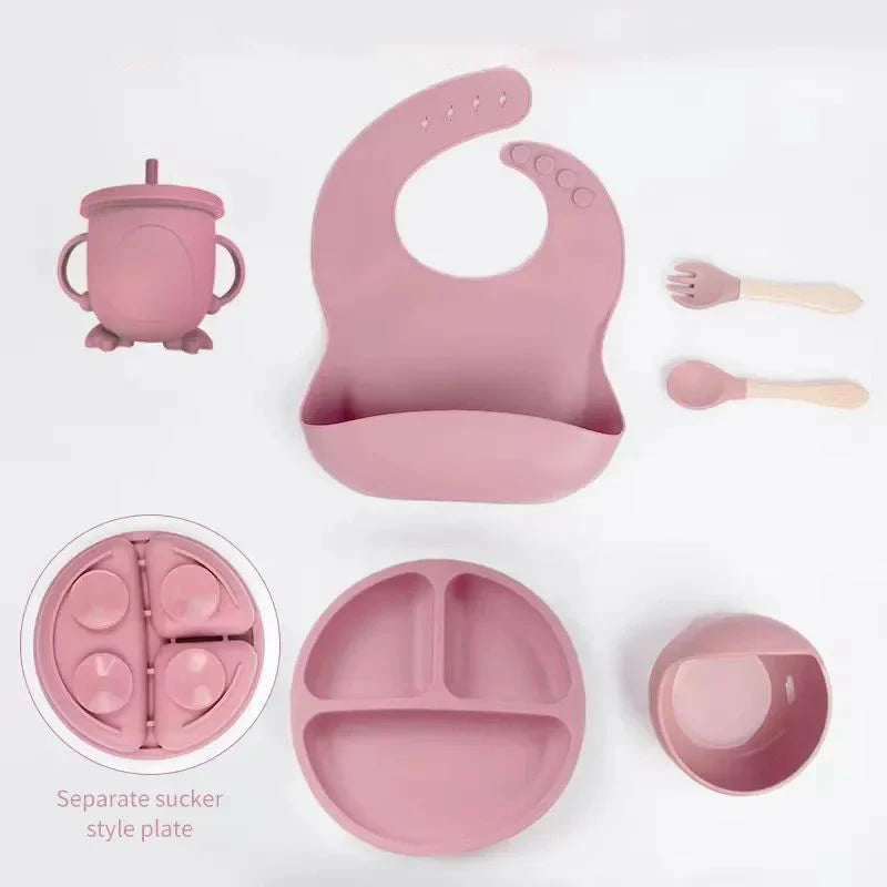6 PCS Baby Tableware Set Christmas Gifts Sailicone Set Childrens Meal Training Set Cutlery Feeding Bowl Party Gift