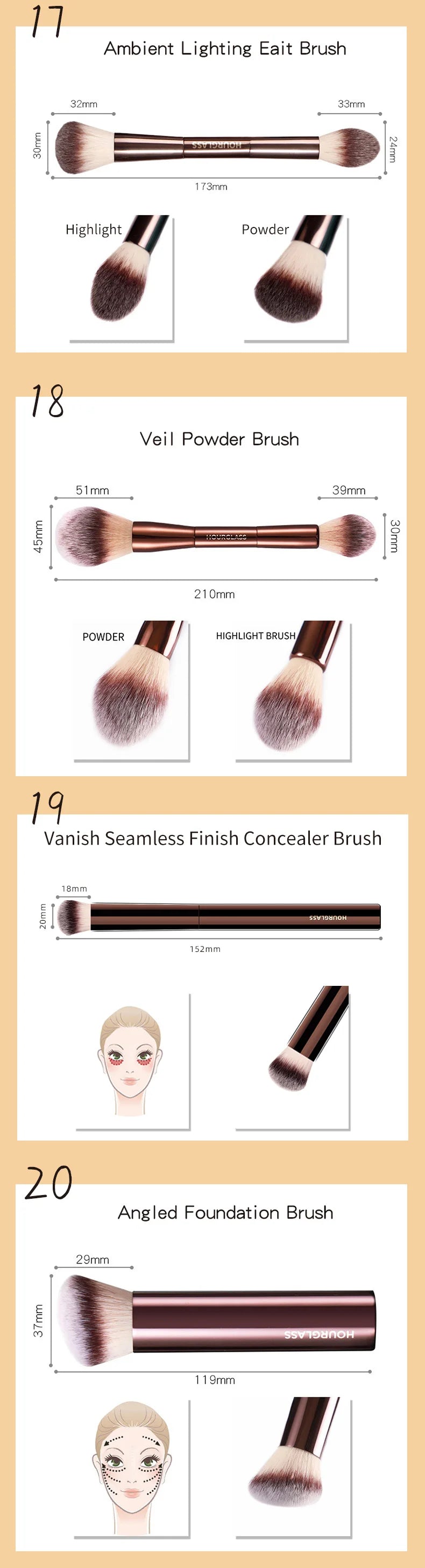Hourglass Makeup Brush Set & Kit Include Powder Foundation Concealer Lip Blusher Bronzer Eyeshadow Eyeliner Highlight Brush