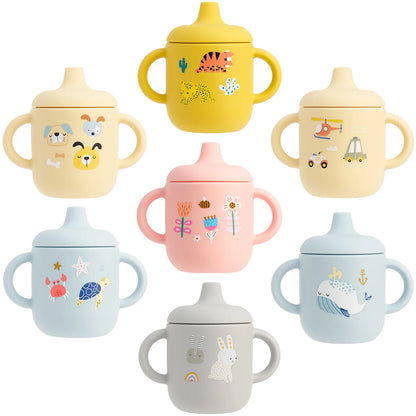 1PCS Cartoon Silicone Baby Feeding Cup BPA Free Leak Proof Training Cup With Handle Travel Friendly Dishwasher Safe Baby Stuff