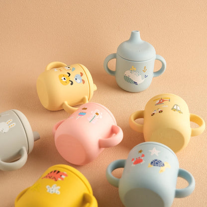 1PCS Cartoon Silicone Baby Feeding Cup BPA Free Leak Proof Training Cup With Handle Travel Friendly Dishwasher Safe Baby Stuff
