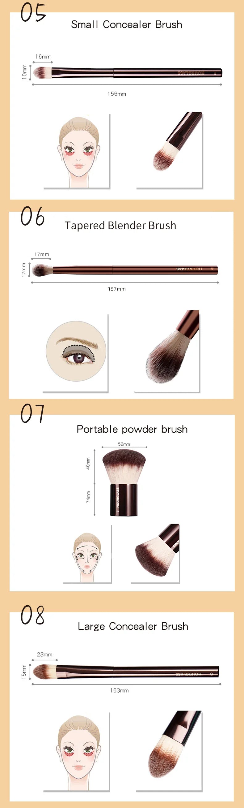 Hourglass Makeup Brush Set & Kit Include Powder Foundation Concealer Lip Blusher Bronzer Eyeshadow Eyeliner Highlight Brush