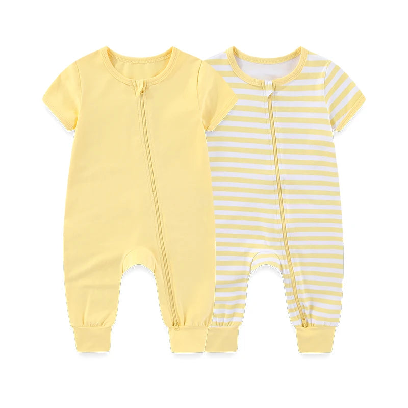 Kiddiezoom 2 Pcs/Lot Unisex Solid Short Sleeve Zipper Baby Boy Girl Romper Cotton Soft Newborn Jumpsuits Clothing
