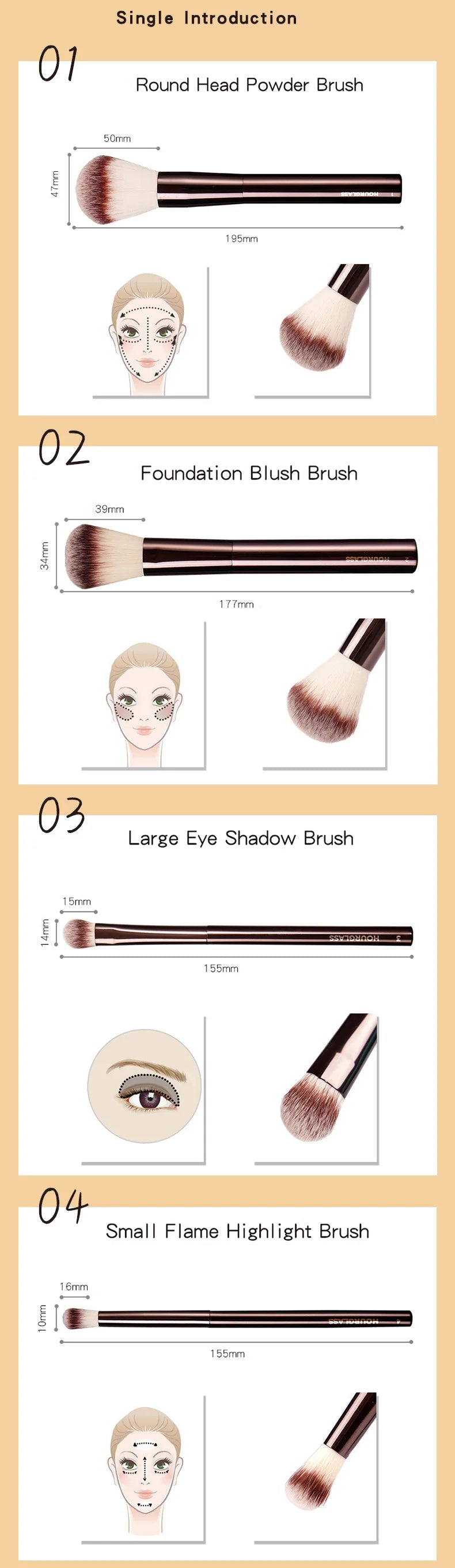 Hourglass Makeup Brush Set & Kit Include Powder Foundation Concealer Lip Blusher Bronzer Eyeshadow Eyeliner Highlight Brush