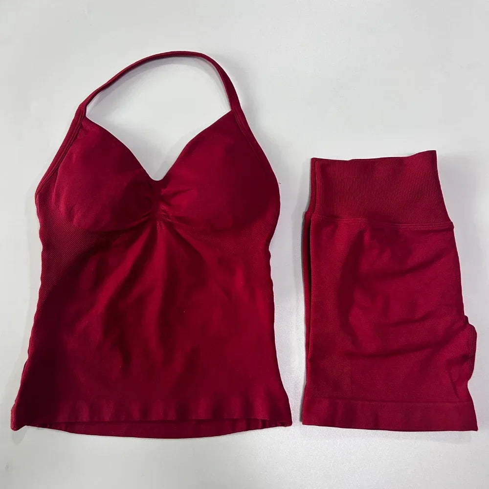 2 Pieces Impact Sports Set Women Backless Tank Yoga Tops High Waist Scrunch Seamless Shorts Sport Gym Set Sportswear Workout Set