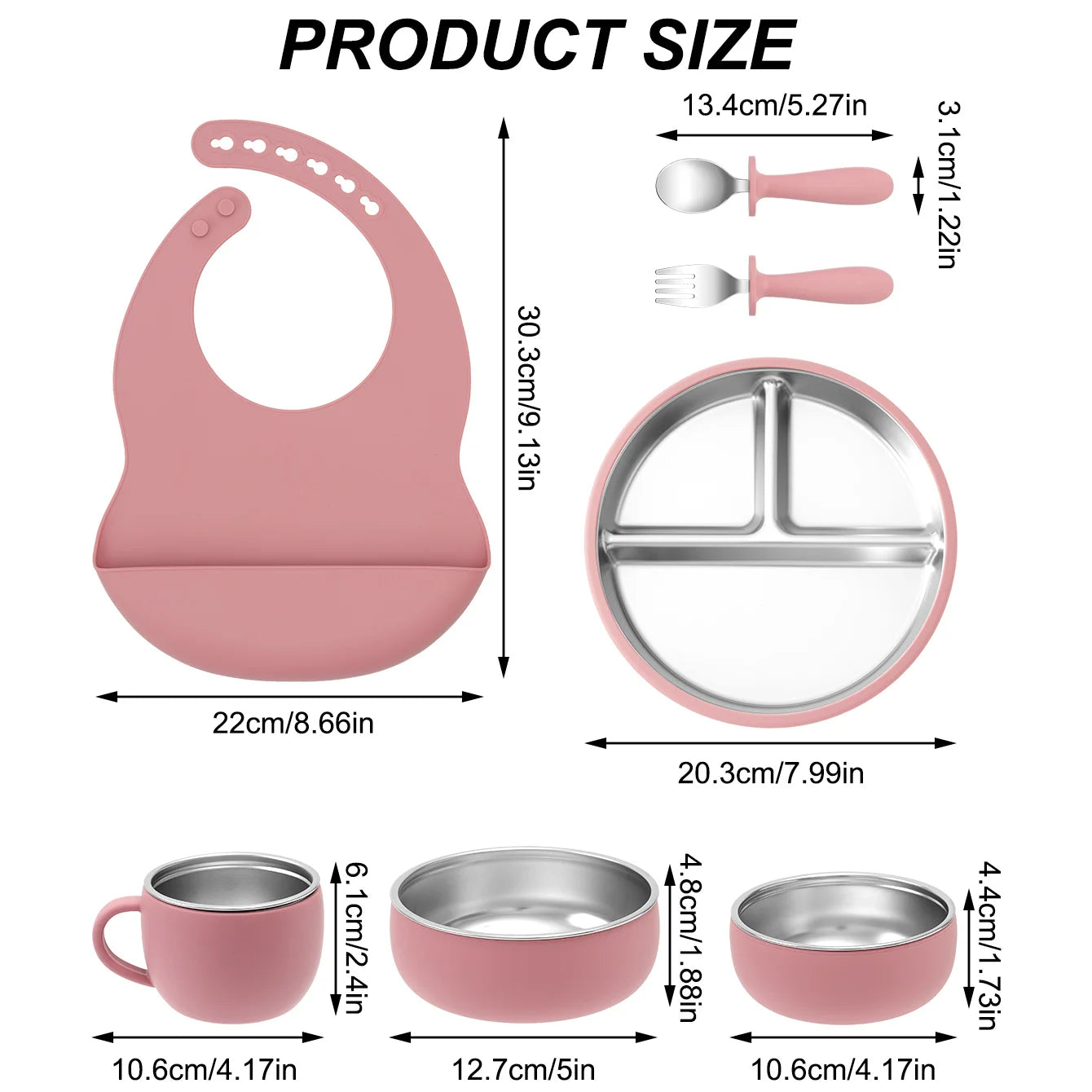 Kids 7PCS Stainless Steel & Silicone Feeding Set Sucker Dishes Plate Bowl BPA Free Toddler Bib Fork Spoon Cup Baby Stuff