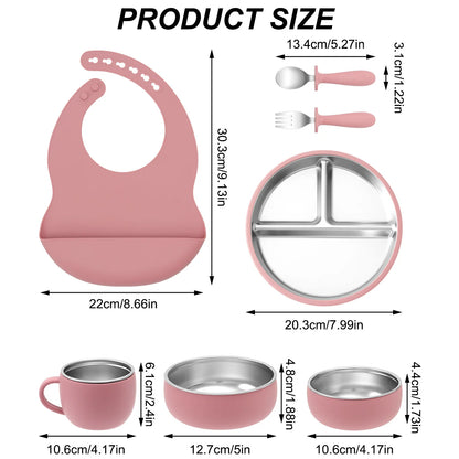 Kids 7PCS Stainless Steel & Silicone Feeding Set Sucker Dishes Plate Bowl BPA Free Toddler Bib Fork Spoon Cup Baby Stuff