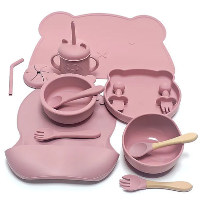 14pcs Silicone Baby Tableware Set Food Children Supplementary Bowl Baby Dinner Plate Fork Spoon Bib Non-slip Bowl Drop-proof Bow