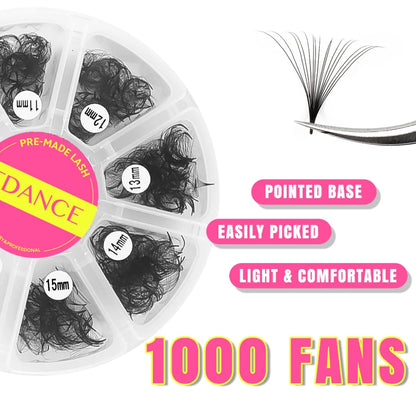 TDANCE 1000 Fans Loose Fan Mixed Length Pointy Base Premade Fans Sharp Thin Slim Medium Stem Volume Russian Eyelashes Extensions